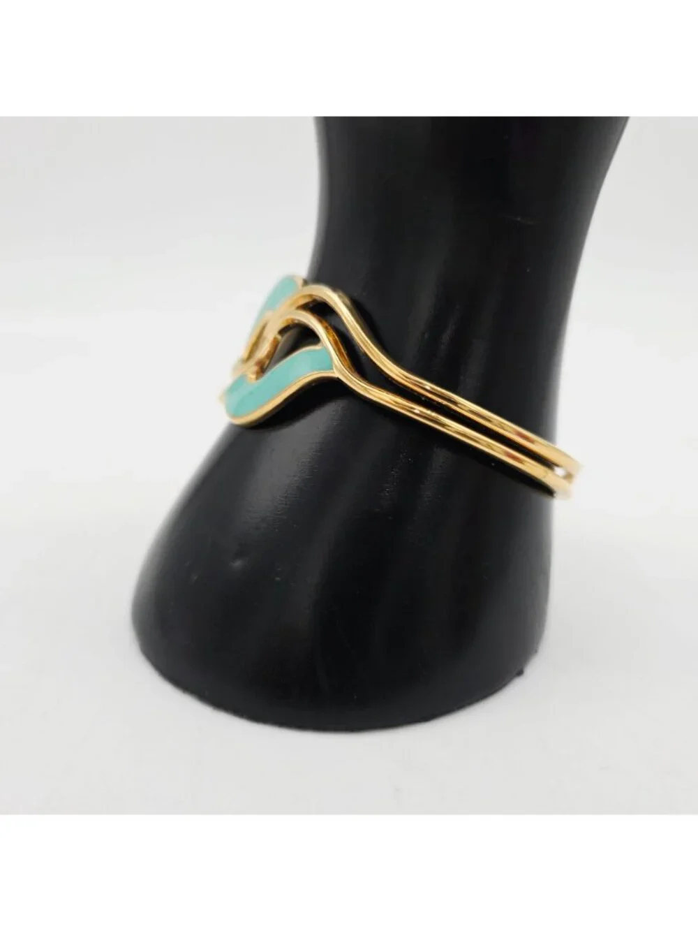 Gold-Tone Open Cuff Bracelet With Mint Green Enamel Wave Design - Picture 4 of 6